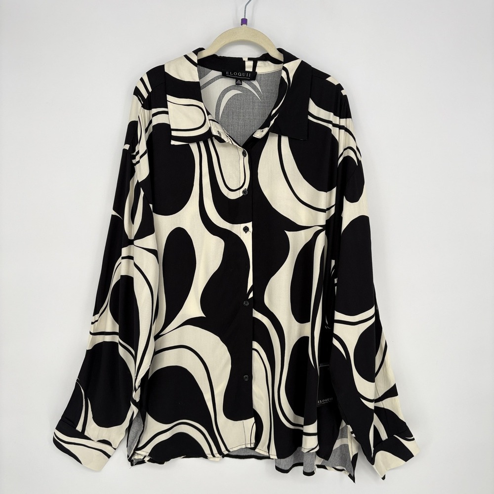 Eloquii Womens Size 26 Button Up Tunic Top Black White Abstract Swirl Rayon